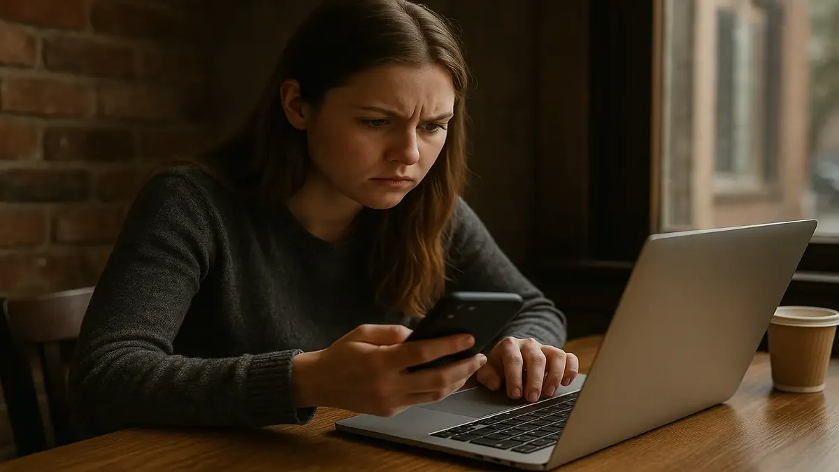 Young woman typing a negative Google review on a laptop, expressing frustration with her former employer.