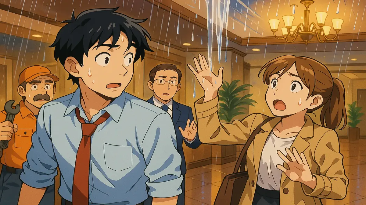 Anime-style illustration of a hotel lobby flooded with water, featuring distressed guests and staff in action.