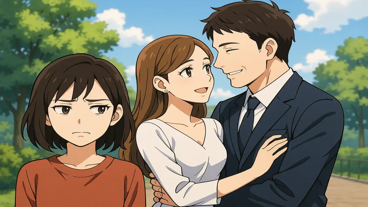 Anime illustration of a couple showing emotional tension after a betrayal, representing a complex relationship story.