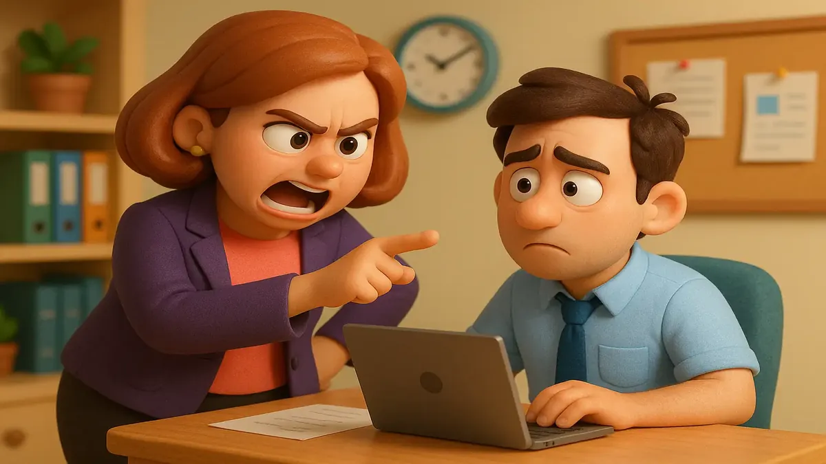 Cartoon-3D illustration of a frustrated employee and a dismissive GM in an office setting, reflecting workplace challenges.