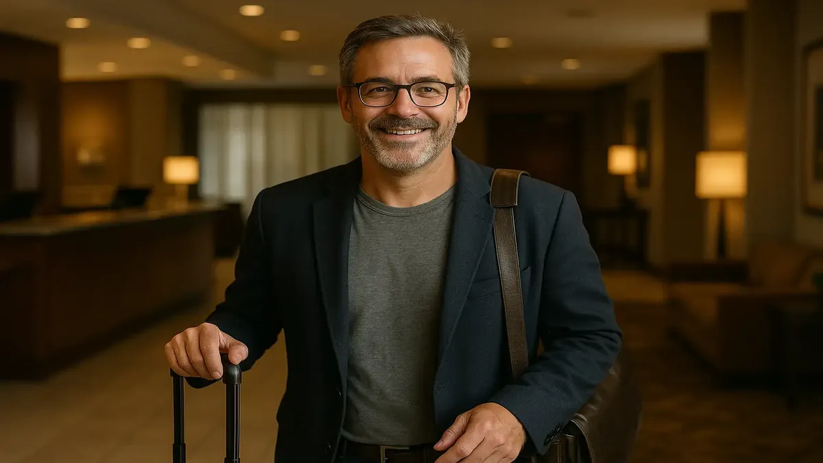 Person walking through flooded streets after being walked from a hotel, showcasing resilience and a positive attitude.