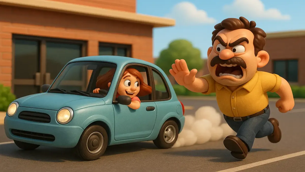 Cartoon-3D depiction of a frustrated worker speeding away from a demanding coworker in a parking lot.