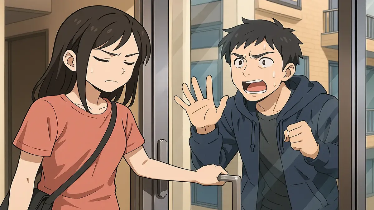 Anime illustration of a frustrated young woman in an apartment building, emphasizing tenant fob issues.