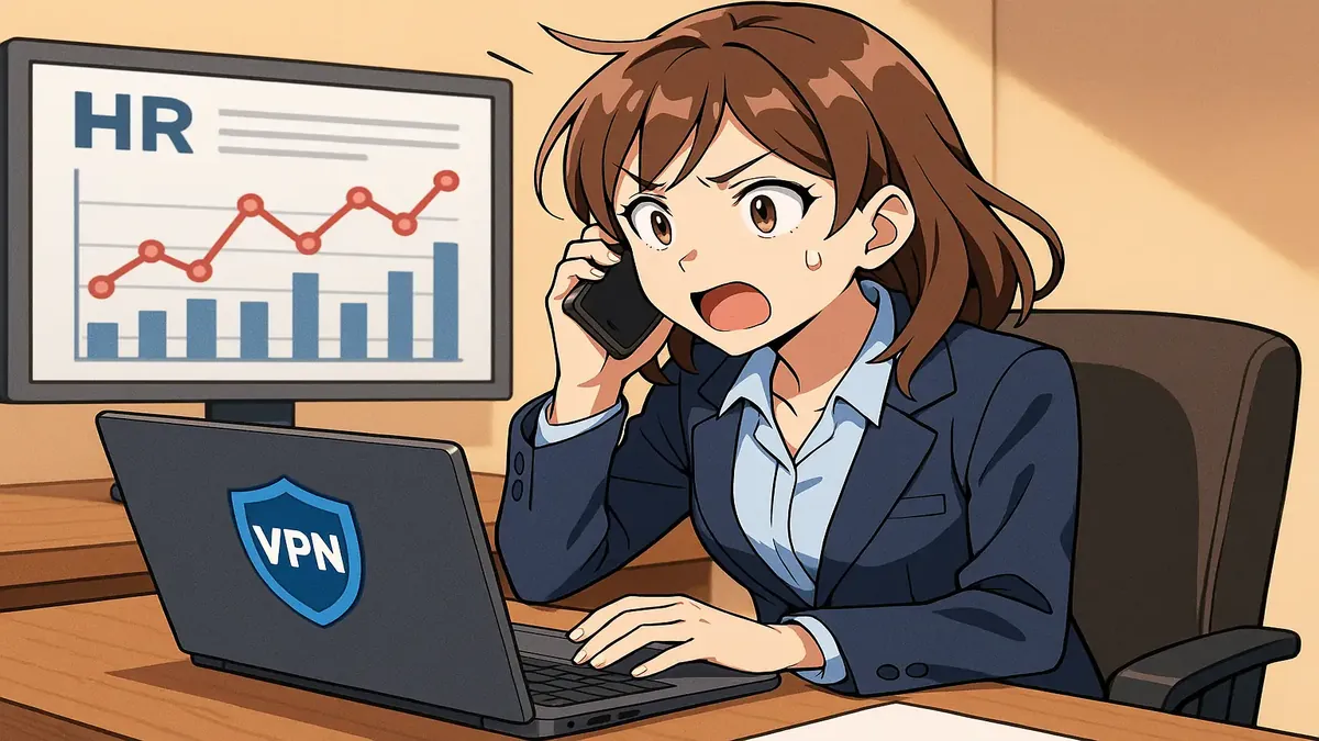 Anime-style illustration depicting a frustrated doctor using a VPN for secure communication in a medical practice.