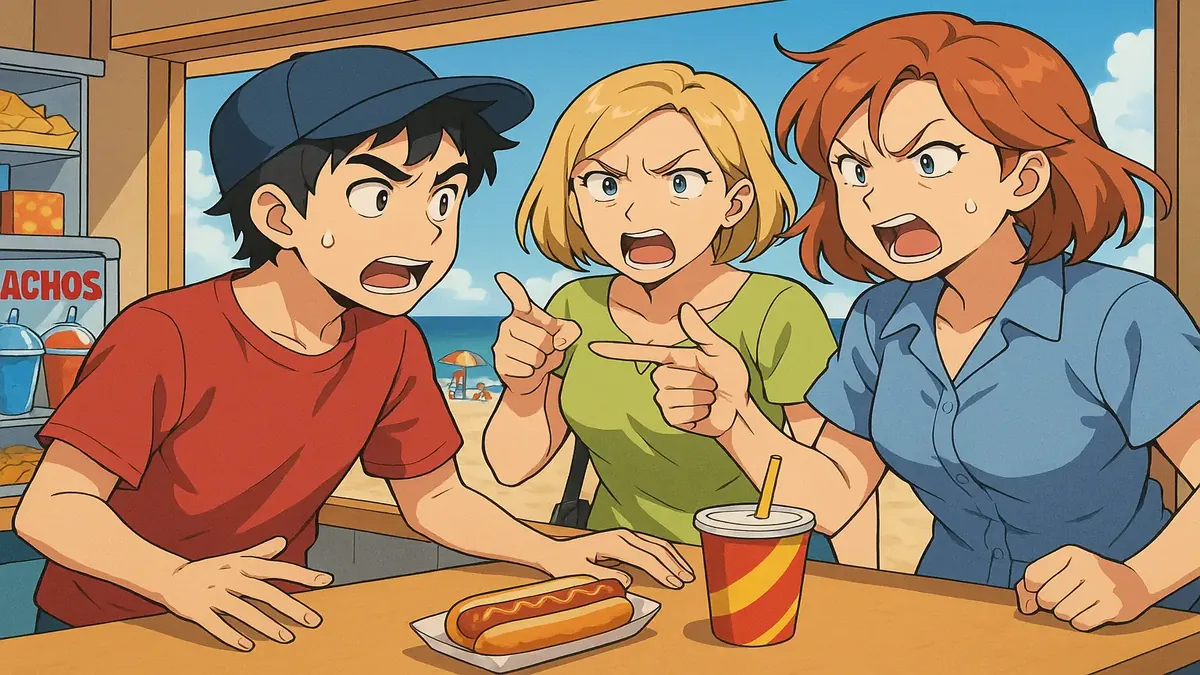 Anime illustration of a bustling beachside snack stand serving hot dogs and slushees to happy customers.