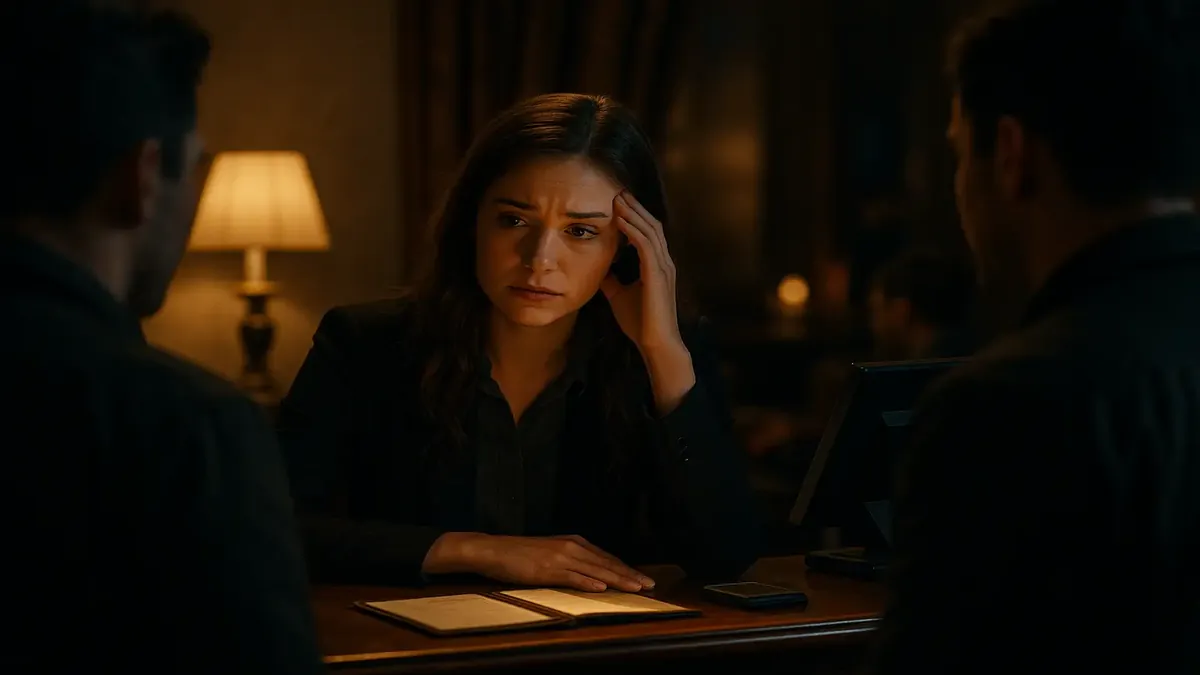 Front desk supervisor at a hotel reviewing ID and payment policies in a cinematic scene.