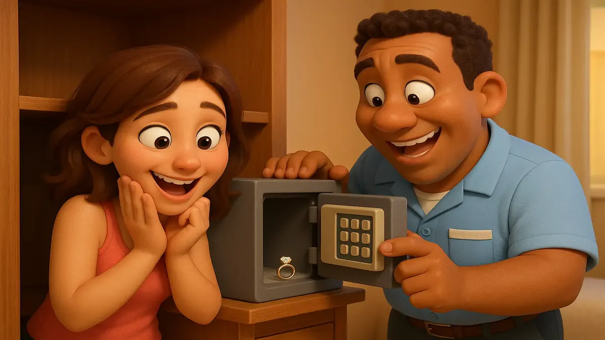 Cartoon 3D illustration of a resort safe, highlighting a locked engagement ring inside.