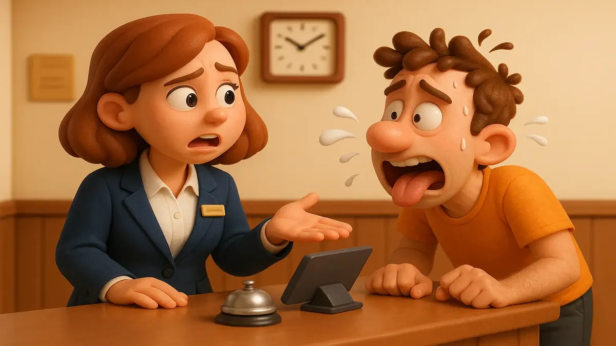 Cartoon-style illustration of a frustrated front desk worker dealing with hurried guests at a hotel reception.