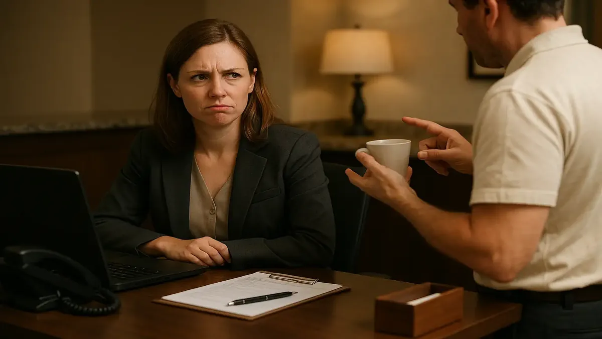 Front Office Manager at desk interacting with guests, showcasing the challenges of workplace pet peeves.