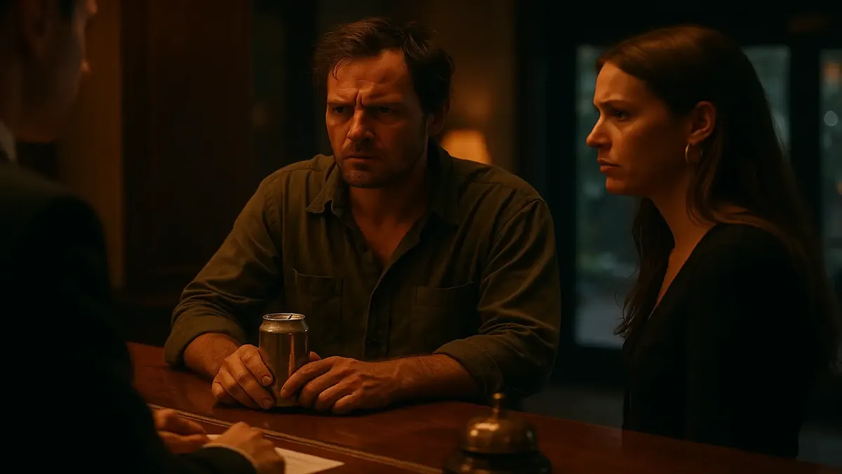 Man checking into a hotel, holding a beer, amidst a tense divorce scene at the front desk.