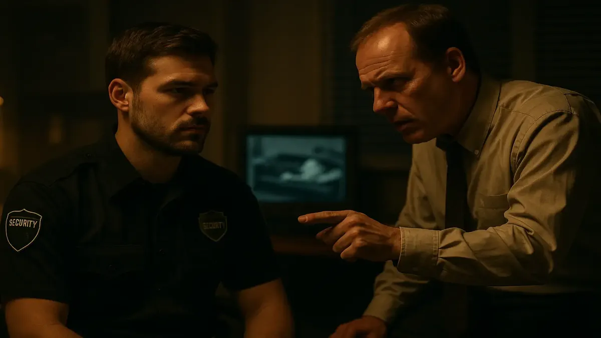 Tension in the workplace as a security guard confronts laziness and favoritism from a manager and coworker.