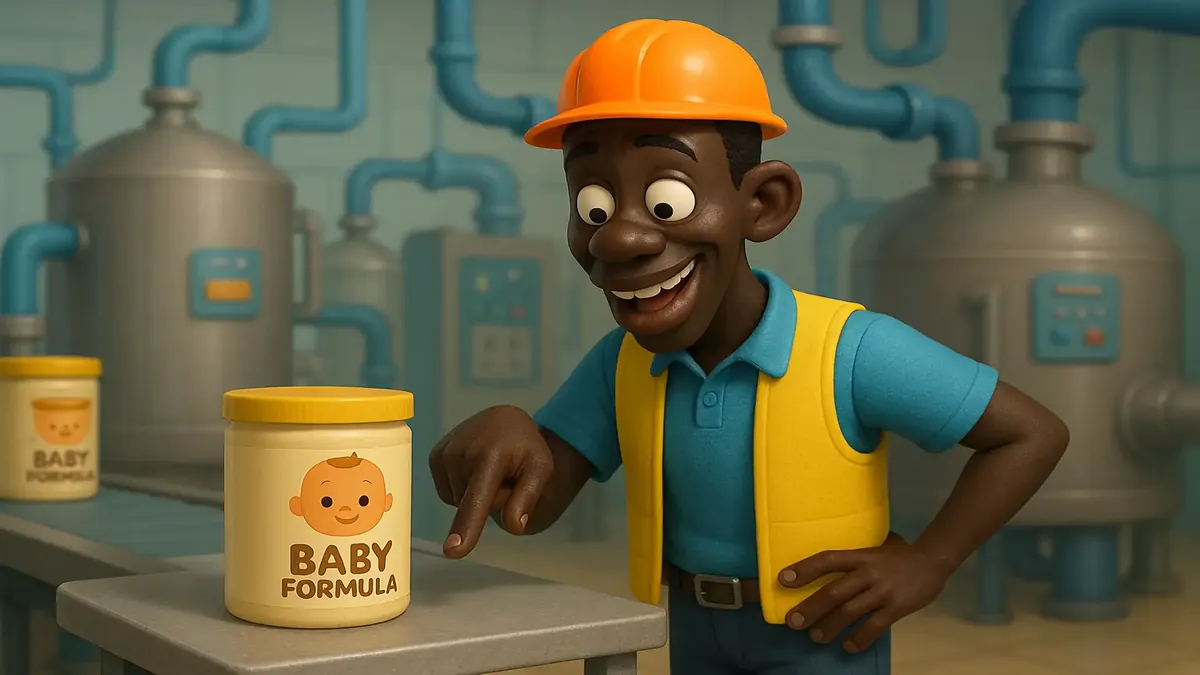 Cartoon illustration of a factory worker in a powdered baby formula plant, inspired by Sudanese culture.