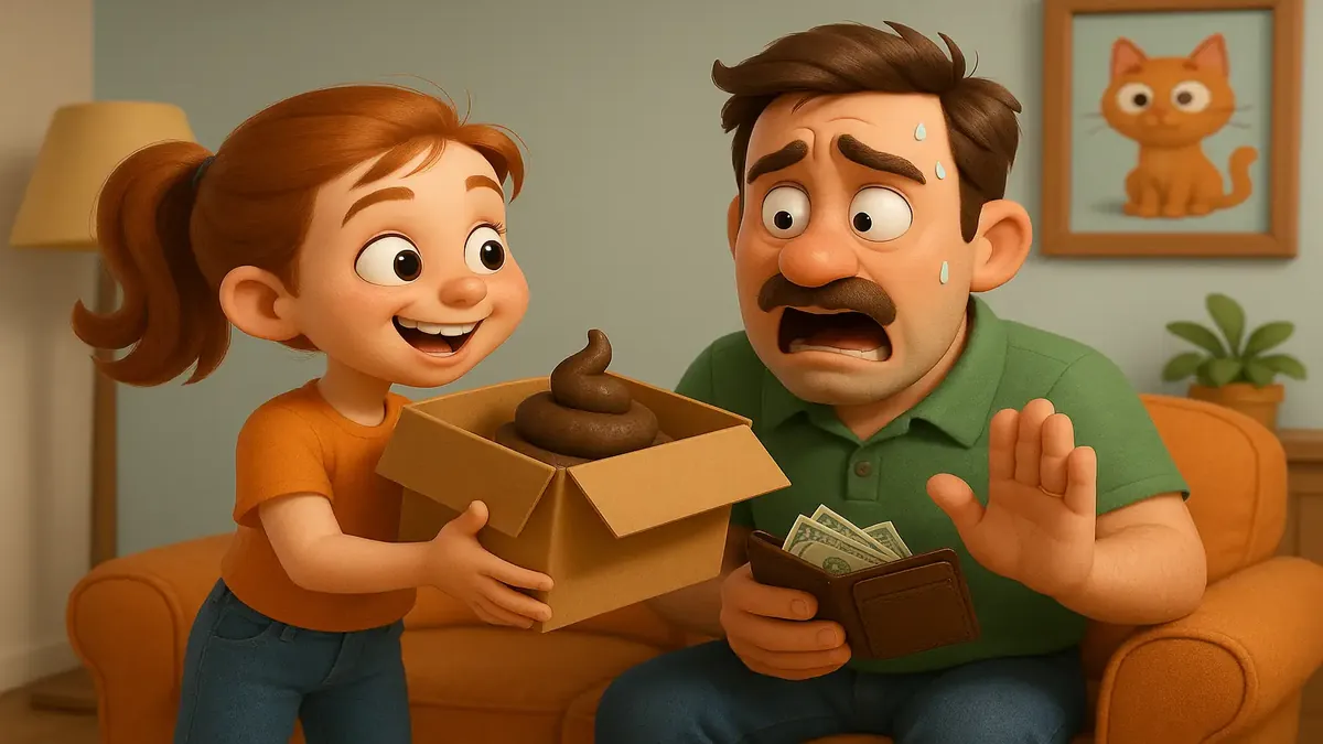 Cartoon-3D illustration of a box labeled 'cat poop' with a mischievous cat, symbolizing petty revenge.