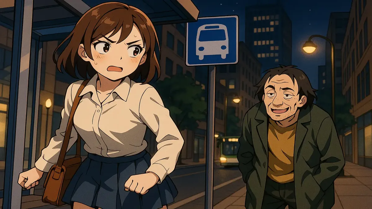 रात में मिनियापोलिस के बस स्टॉप पर इंतज़ार कर रही लड़की का एनीमे चित्रण, तनावपूर्ण माहौल को दर्शाता है।
