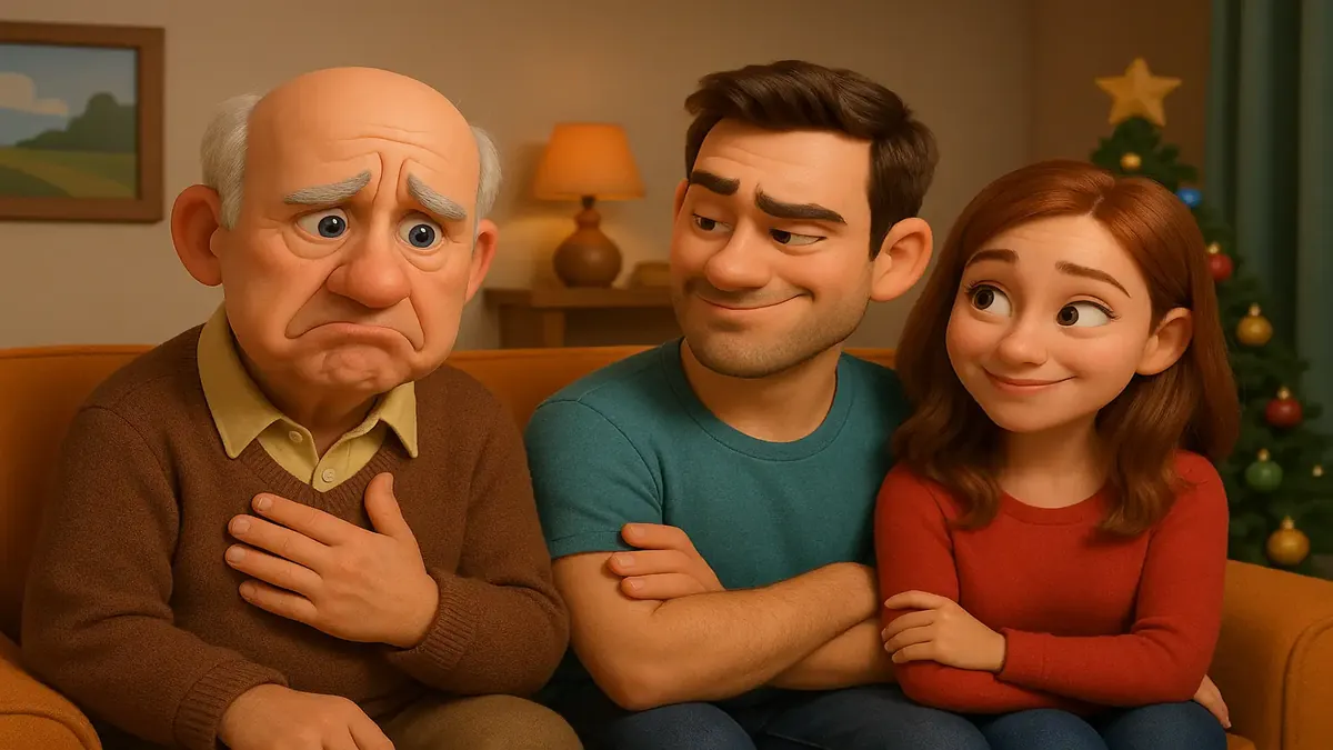 Cartoon-3D illustration of a family Christmas gathering, highlighting guilt tripping dynamics and holiday tensions.