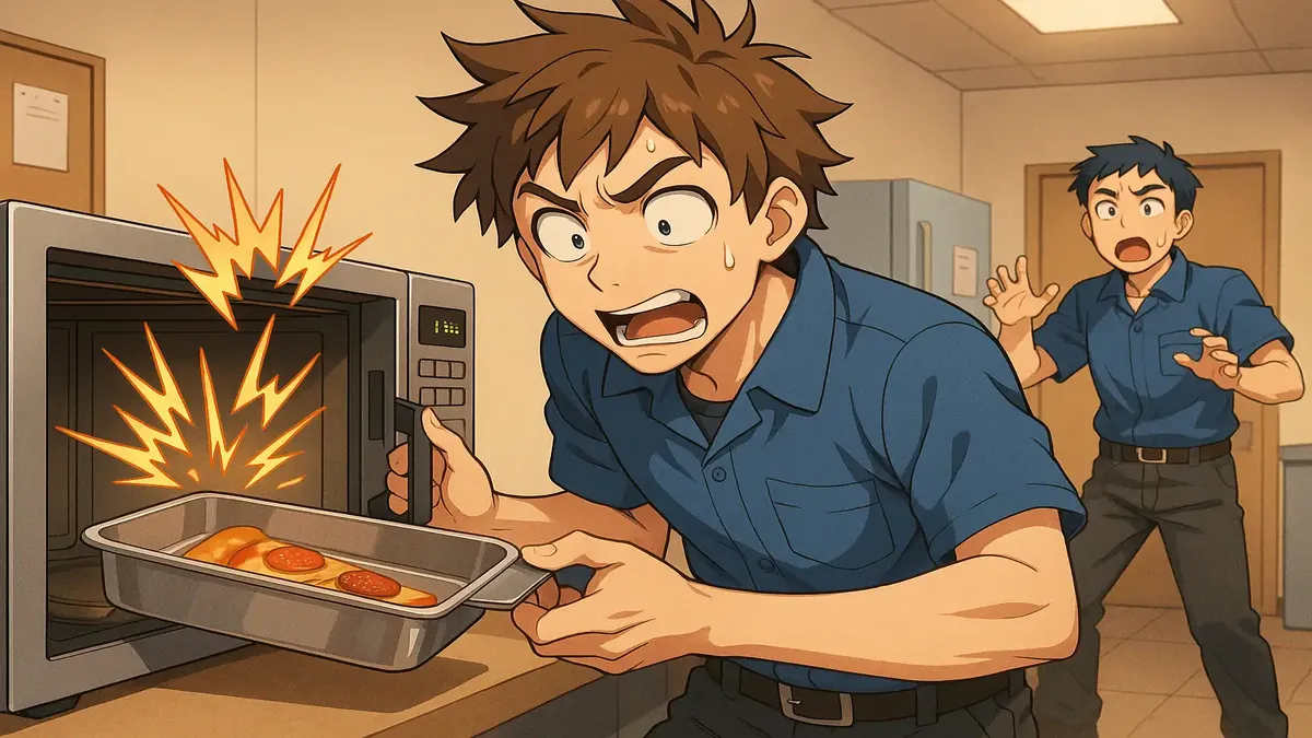 Kevin humorously attempts to microwave metal pizza container in a factory lunchroom, anime style.