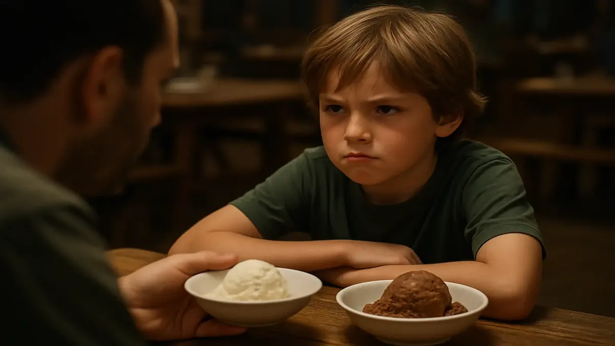 A nostalgic scene of chocolate ice cream at a summer camp mess hall, evoking childhood memories.