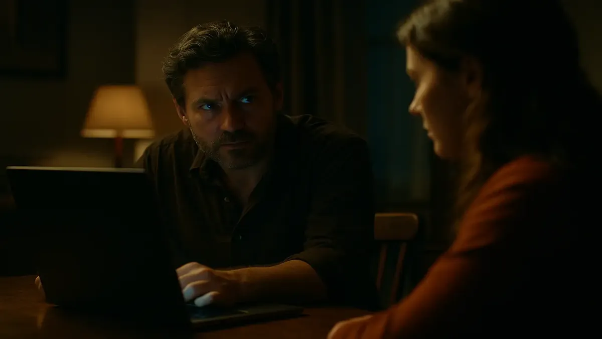 Cinematic image of a laptop repair scene with a technician examining a faulty laptop in a dimly lit room.