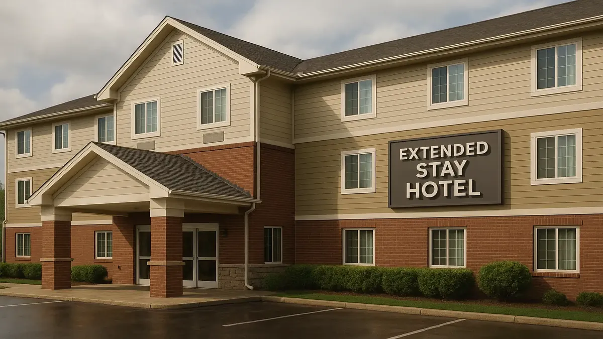 Cozy extended stay hotel room with modern amenities, perfect for comfortable long-term lodging.