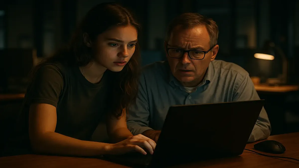 Gen Z navigating tech support issues with a cinematic backdrop of a busy office environment.