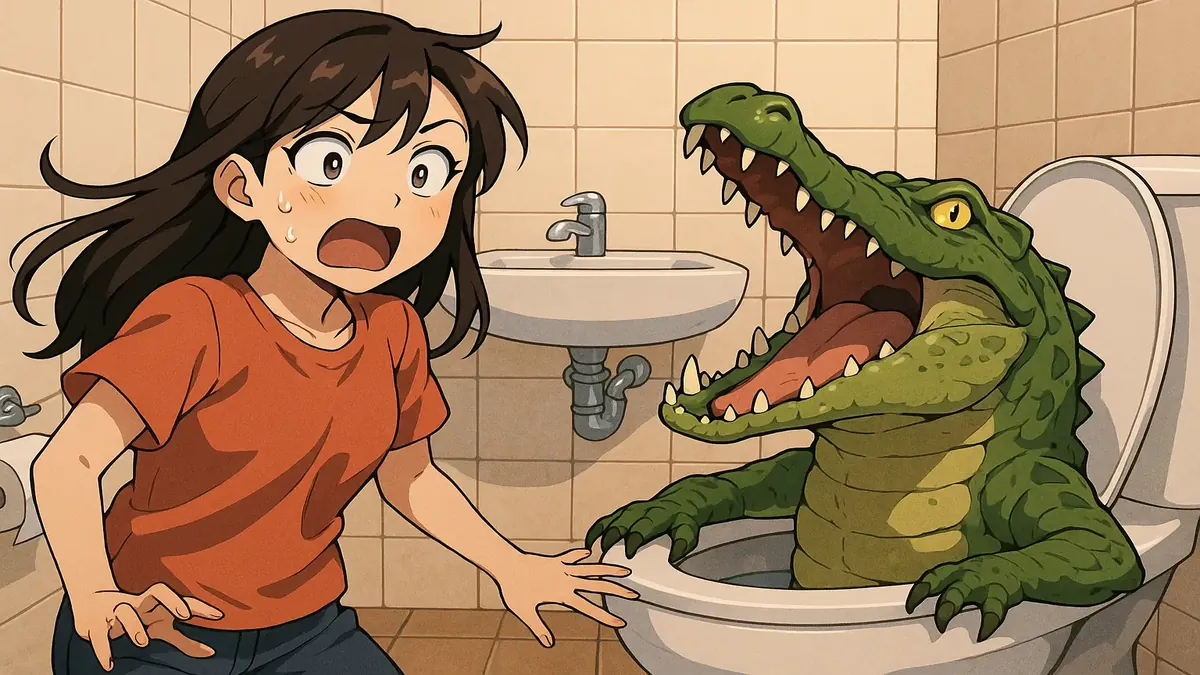 Anime illustration of a surprised couple in a quirky bathroom scenario, reflecting unexpected hotel experiences.