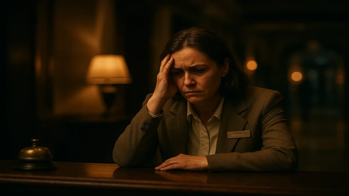 Frustrated hotel manager dealing with unruly guests in a cinematic hotel setting.
