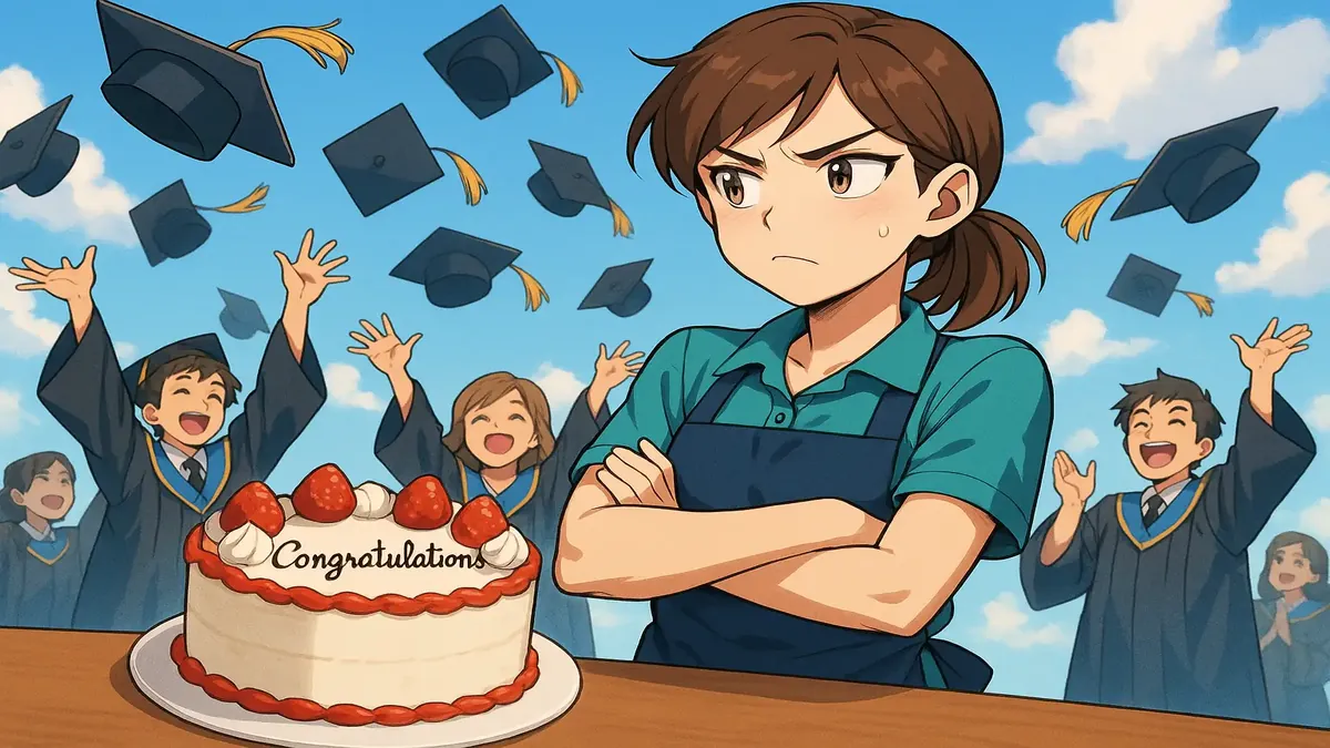 Anime illustration of a stressed cake decorator during graduation season with chaotic bakery background.
