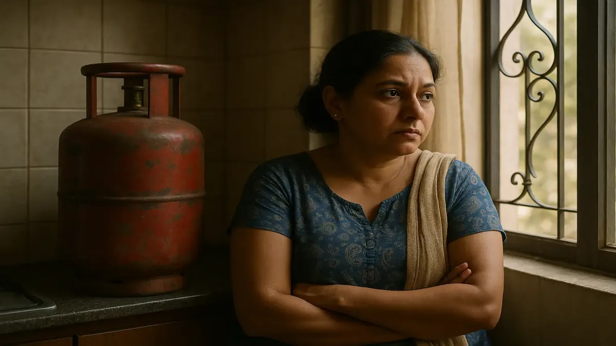 A nostalgic scene of a mom on the phone, ordering a cooking gas cylinder in a cozy apartment setting.