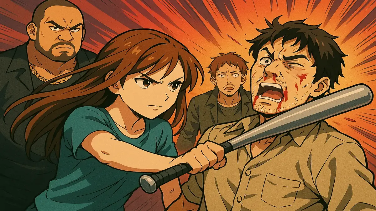 Anime illustration depicting a tense confrontation over drug dealing and revenge themes in a dramatic setting.