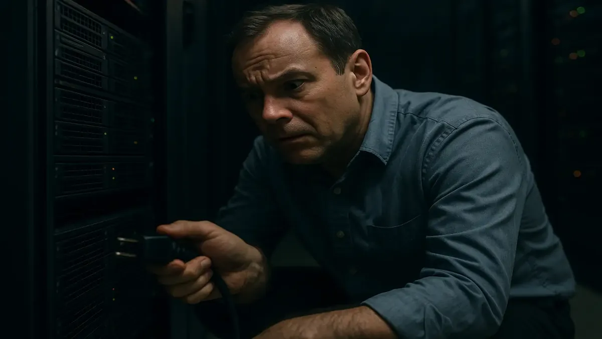 Mark pulling the plug on an Exchange server during critical updates in a finance office at night.