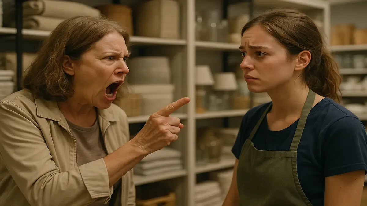 Frustrated customer holding an old coupon in a home goods store, expressing disappointment over sale item availability.