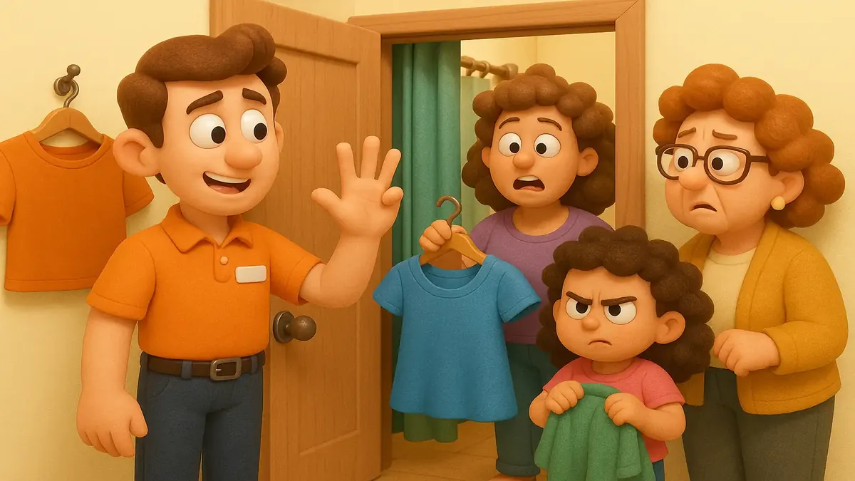 Cartoon-style 3D image of a chaotic retail fitting room with customers and staff managing the situation.