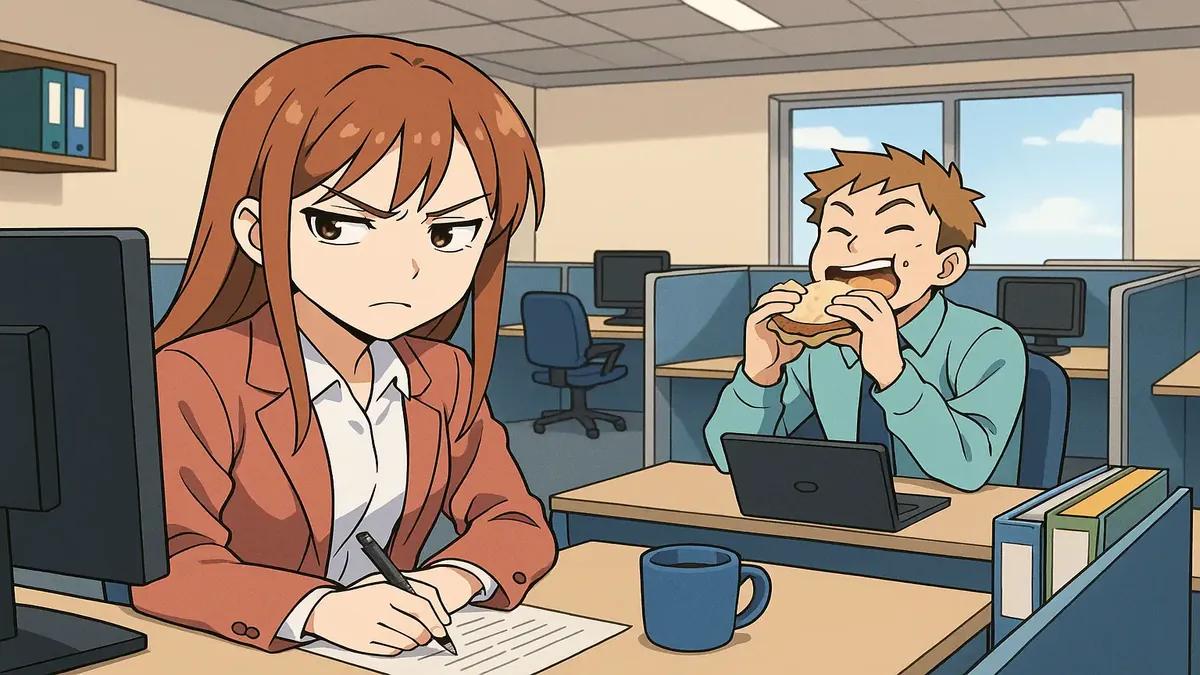 Anime illustration of a shared workspace with cubicles, highlighting office dynamics and coworker interactions.