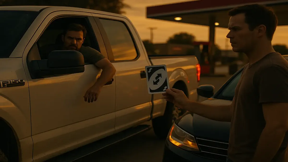Cinematic scene of a car waiting to enter a gas station while traffic builds up, reflecting frustration and humor.