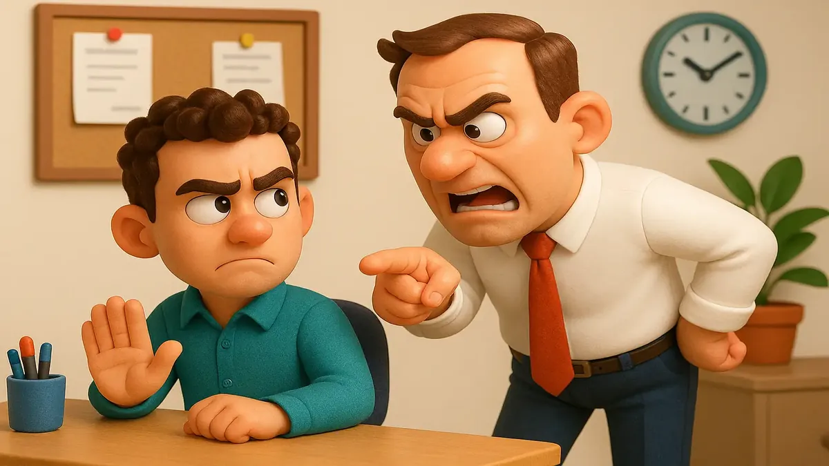 Cartoon-3D illustration of a frustrated employee rejecting help from a former coworker.