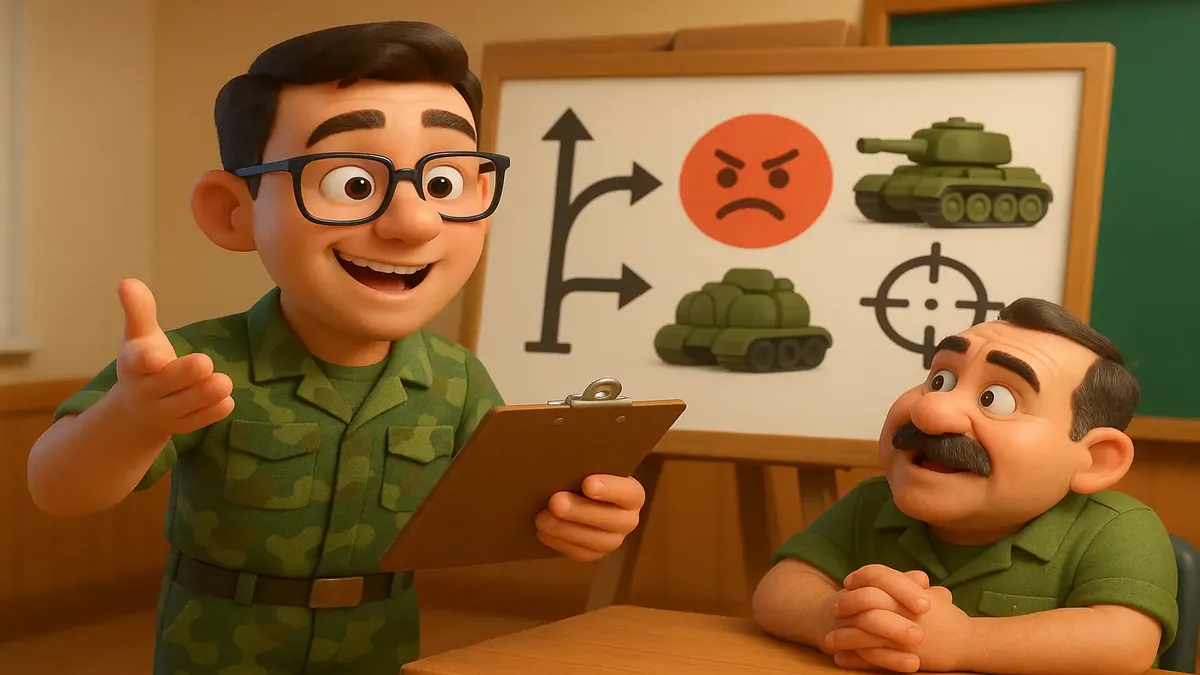Cartoon-style 3D illustration of a military briefing in Japan, showcasing intelligence and strategy in action.