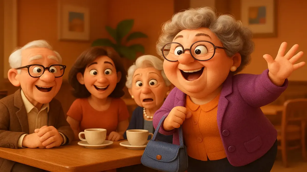 Cartoon illustration of a joyful gathering of elderly friends at a posh restaurant, evoking warmth and nostalgia.