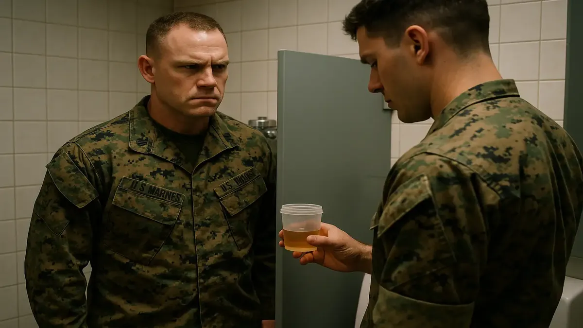 Observación de análisis de orina de un marino con un suboficial, capturando la intensidad de la rutina militar.