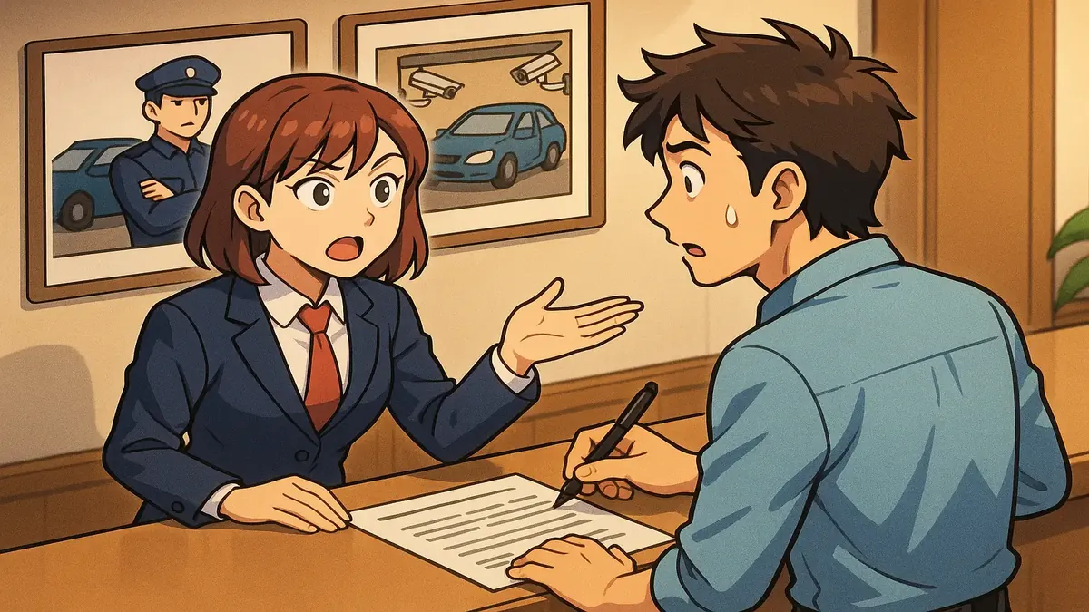 Anime-style image of a guest parking in a city garage with security features, emphasizing safety precautions.