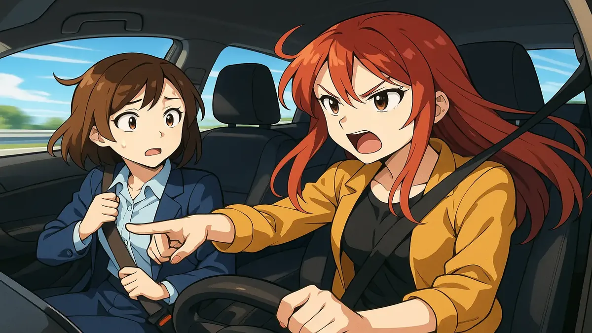 Anime illustration of two coworkers carpooling in an EV, laughing while driving in a carpool lane.