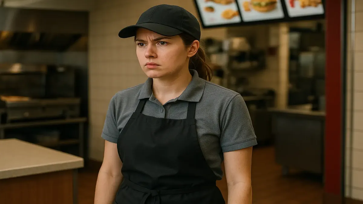 Fast food employee in official uniform at a Texas restaurant, highlighting strict dress code rules.