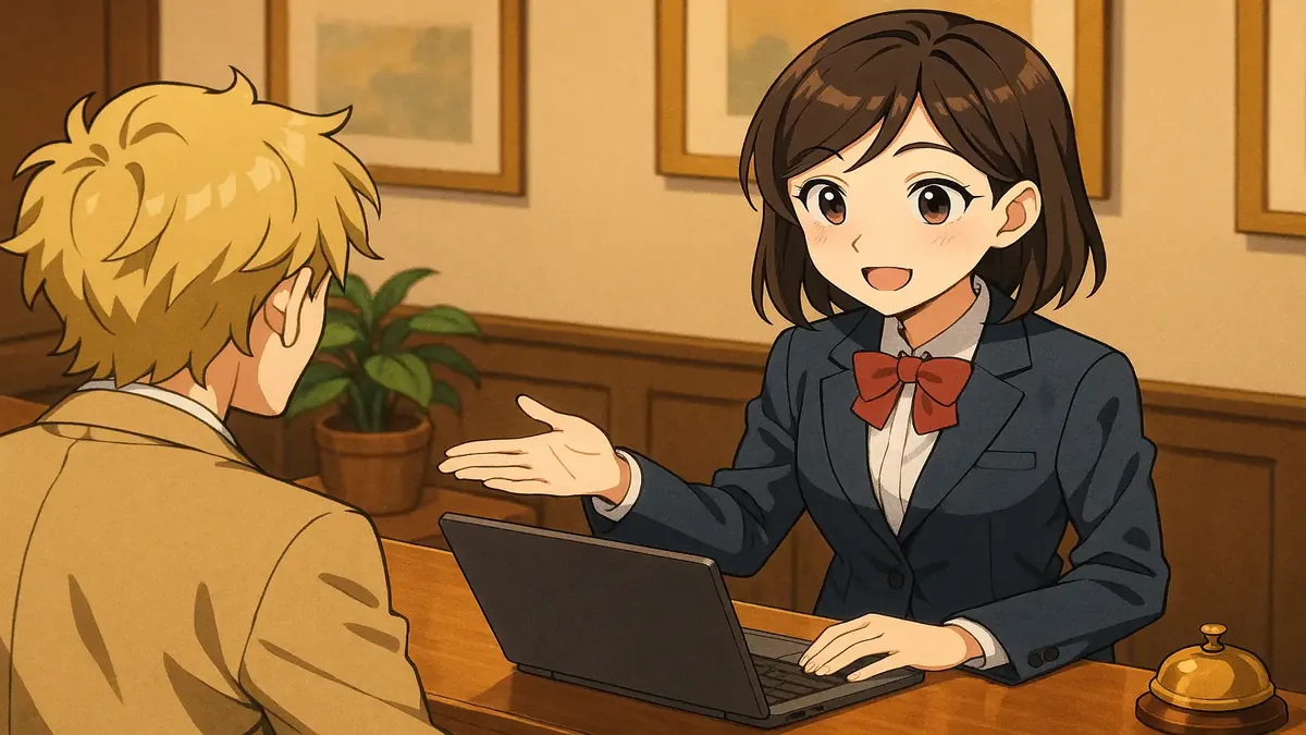 Anime-style front desk clerk assisting a guest with a warm smile and a computer, showcasing hospitality skills.