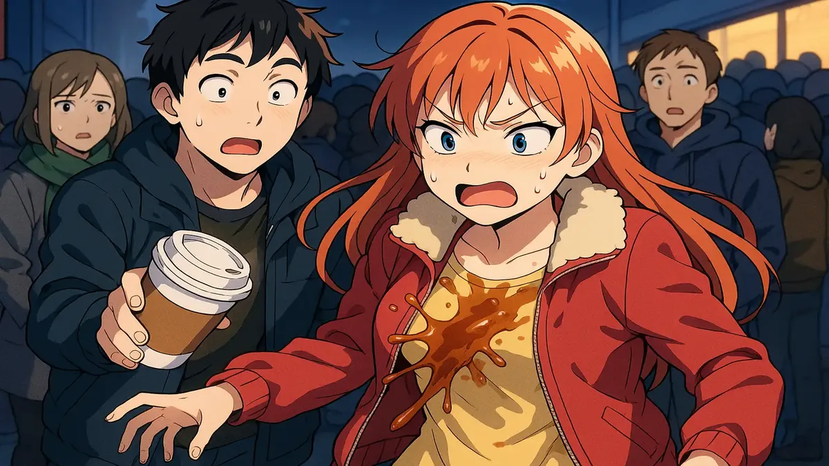 Anime illustration of a concert scene with a girl spilling tea on another in a crowded line.