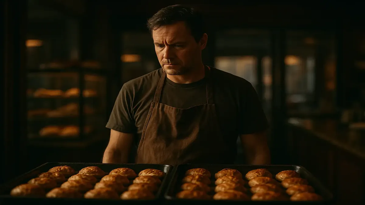 A bustling upscale cafe bakery section preparing for a busy Mother's Day rush, showcasing fresh pastries and orders.