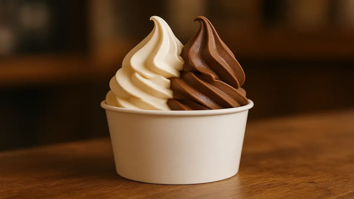 Chocolate soft serve ice cream swirled on the right side of a cup at a cozy cafe.