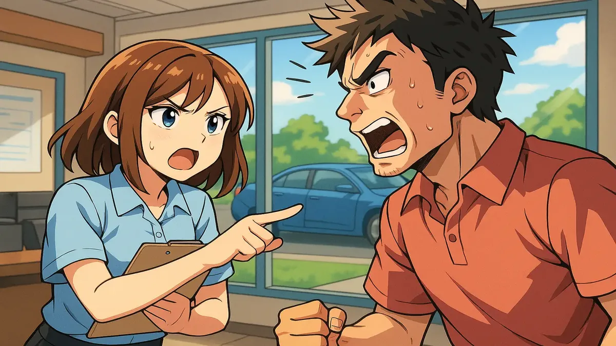 Anime illustration of frustrated staff asking for a vehicle's license plate number in a chaotic scene.