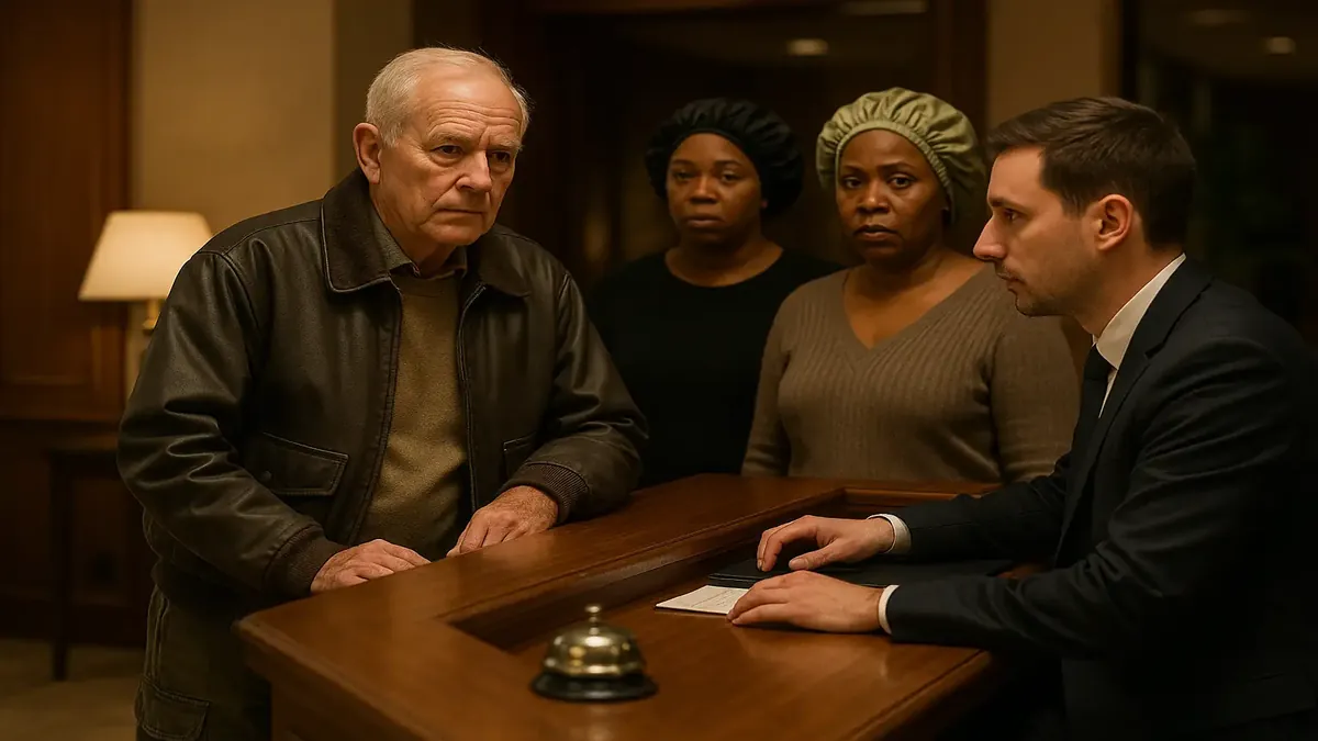 Guests checking out quickly after check-in at a hotel front desk, featuring diverse individuals and a night setting.