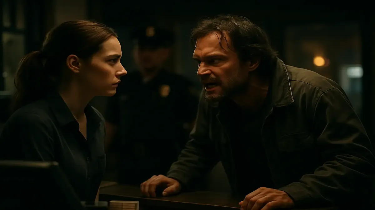 Abusive guest arguing with girlfriend, evoking tension in a cinematic hotel setting.