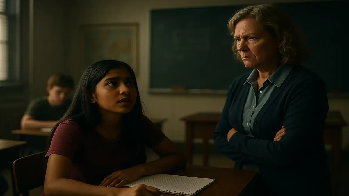 Diverse classroom scene with a strict teacher and a student frustrated over name mispronunciation.