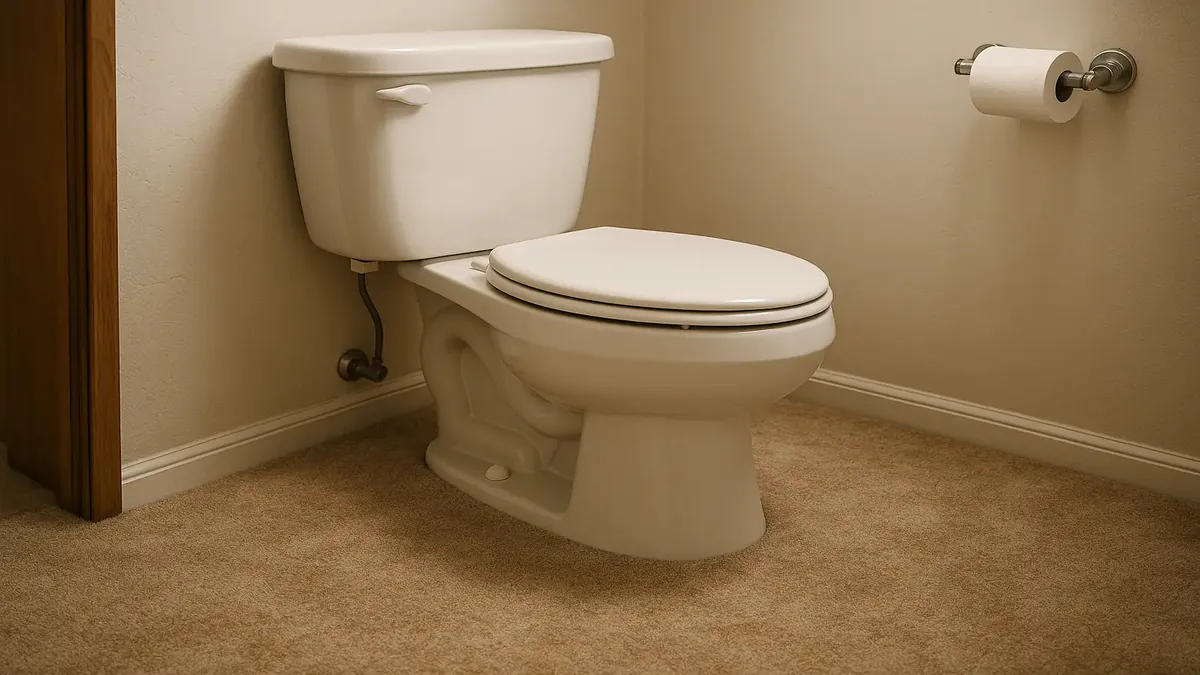 Carpet installed over tile floor with nails visible, highlighting a landlord's questionable repair choice.